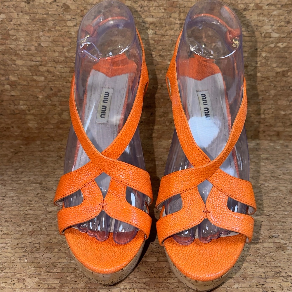 Miu Miu Orange Leather Cork Wedge Sandals EU 39 Platform Ankle Strap